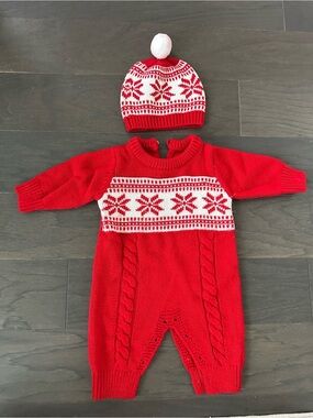Vintage Red Fair Isle Knit One-Piece with Pom Pom Hat - baby 0-3 months